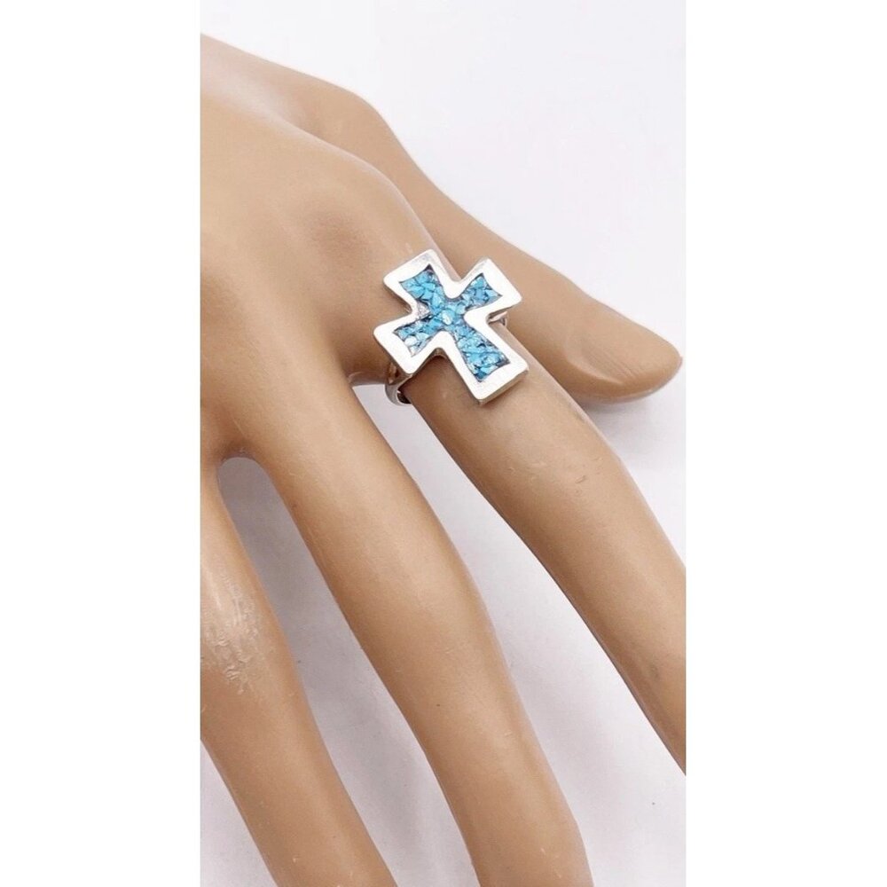 Handcrafted Sterling Silver Turquoise Chip Inlay Cross Ring Southwestern SZ 6